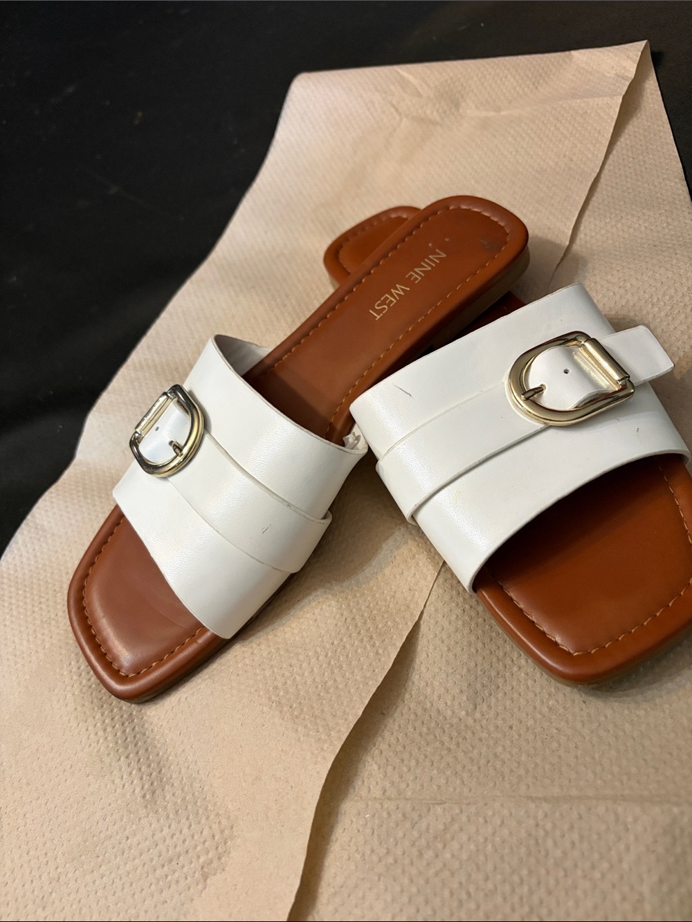 Nine West White Leather Slide Mules with Gold Buckle